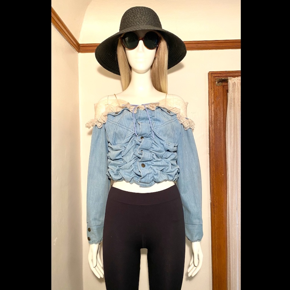 Rustic and Patina Lace and Denim off the shoulder Blouse - Sz Sm